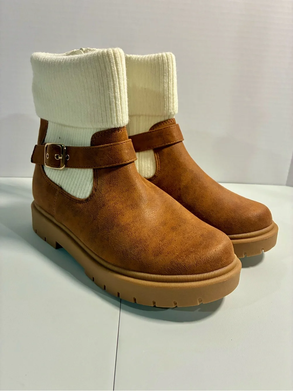 Cat & Jack Tan and Cream Girls' Ankle Boots with Knit Cuff